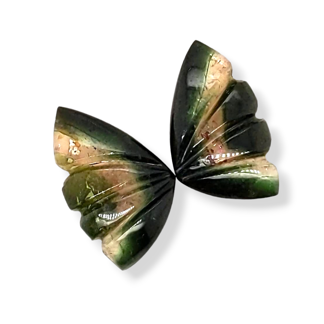 Natural Watermelon Tourmaline Butterfly Carved Pair | Size:16x10mm - The LabradoriteKing