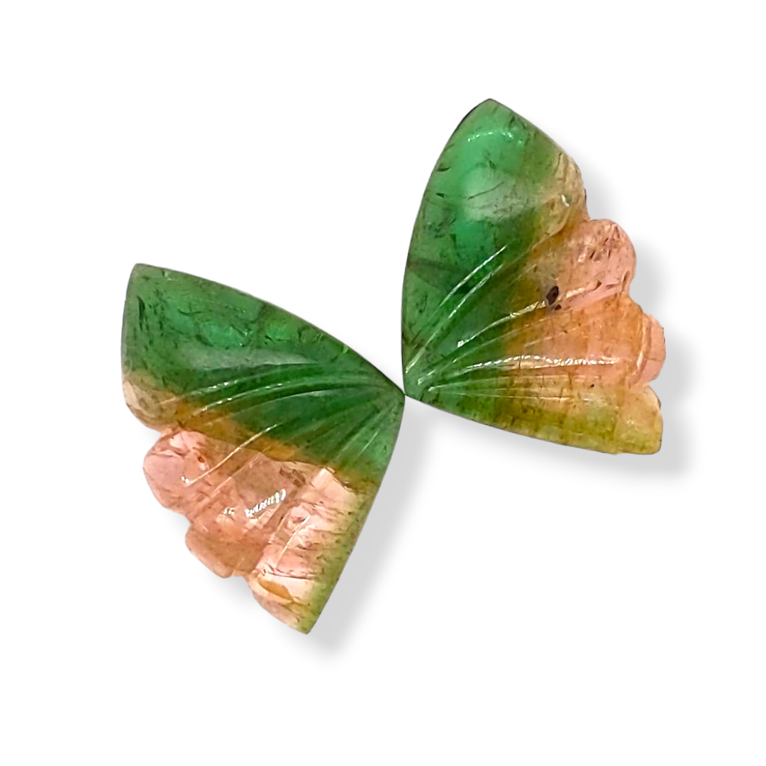 Natural Watermelon Tourmaline Butterfly Carved Pair | Size:22x15mm - The LabradoriteKing