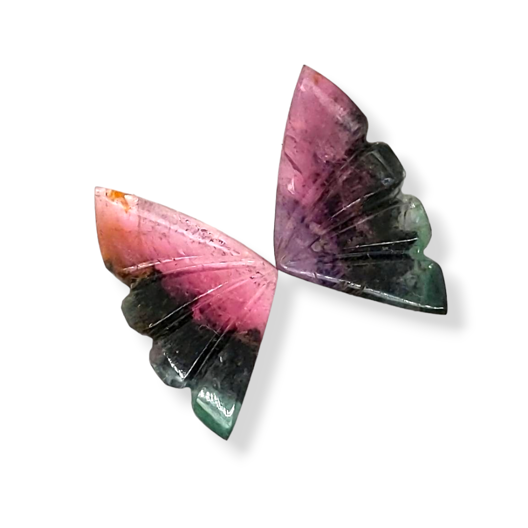 Natural Watermelon Tourmaline Butterfly Carved Pair | Size:20x11mm - The LabradoriteKing