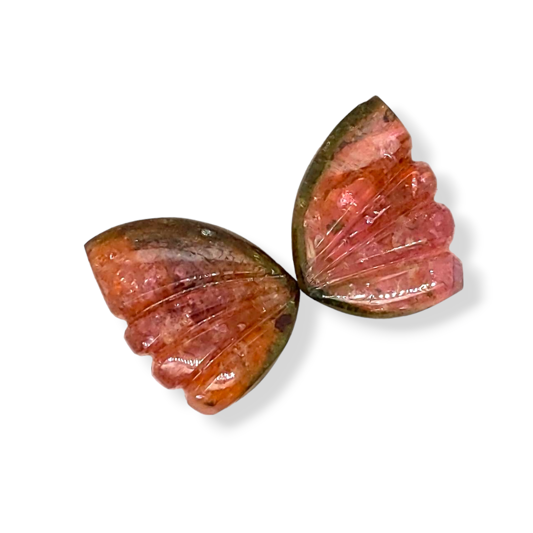 Natural Watermelon Tourmaline Butterfly Carved Pair | Size:17x13mm - The LabradoriteKing