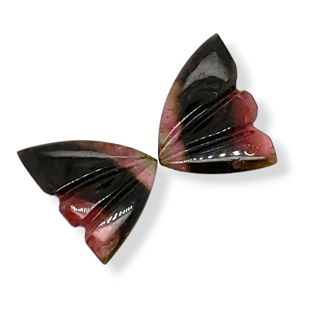 Natural Watermelon Tourmaline Butterfly Carved Pair | Size:13x10mm - The LabradoriteKing