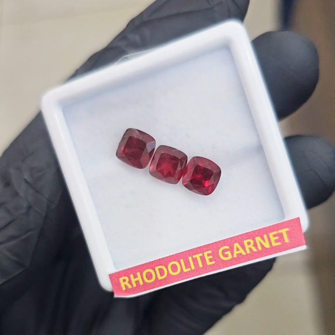 3 Pcs Natural Rhodolite Garnet Faceted | Shape: Cushion | Size: 7mm