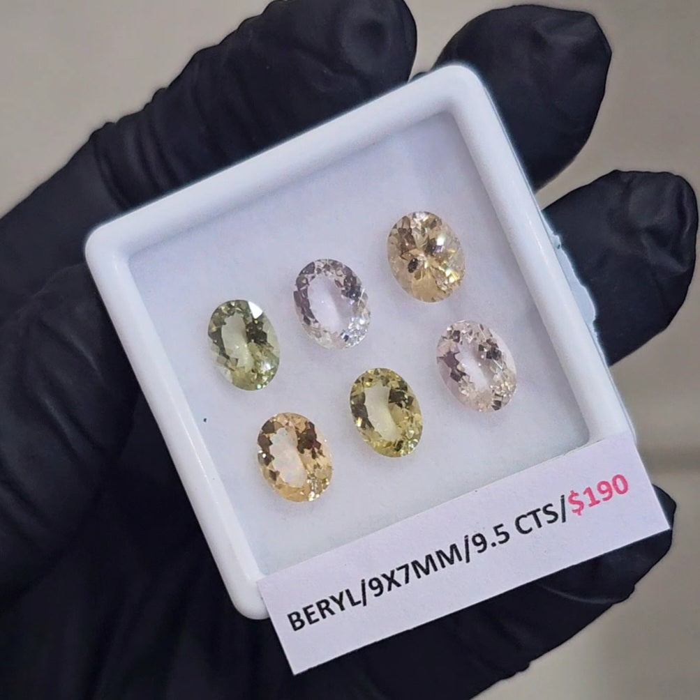 6 Pcs Of Natural Mix Beryls: Morganite, Heliodor & Aquamarines | Oval | 9x7mm