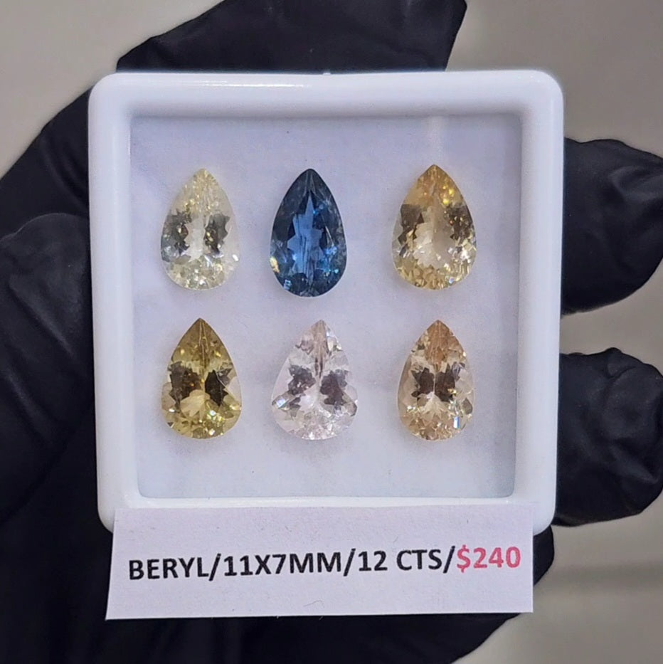 6 Pcs Of Natural Mix Beryls: Morganite, Heliodor & Aquamarines | Pear | 11x7mm