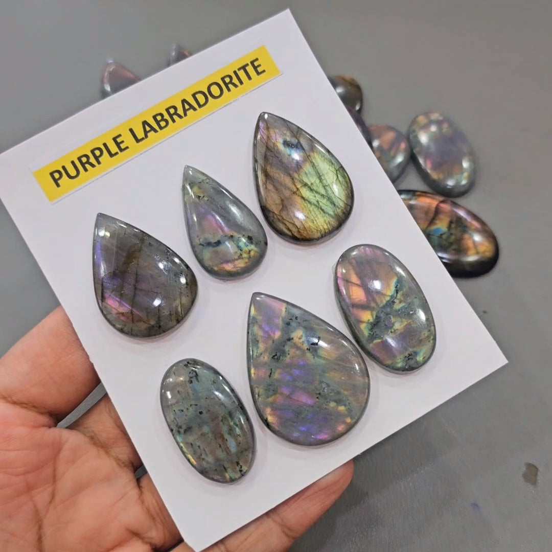 1 Card of Natural Purple Labradorite Cabochons | 30–45mm | Flashy Quality