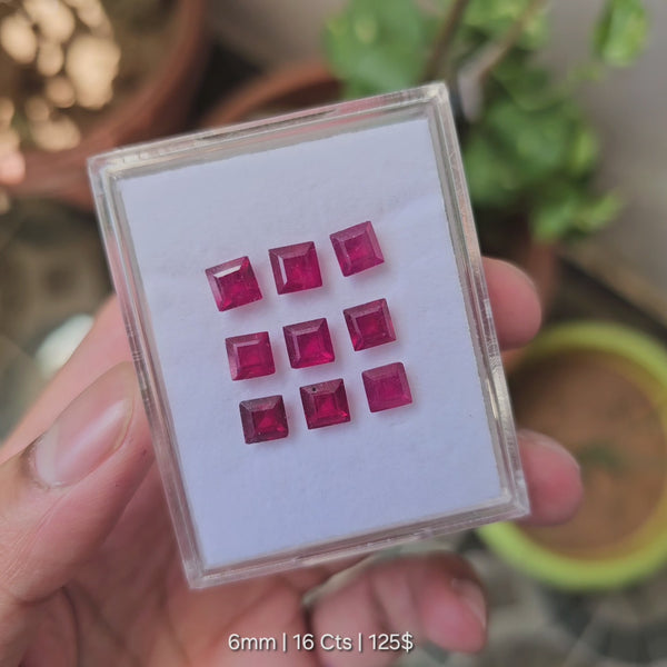 9 Pcs Of Natural Ruby Faceted Gemstone | Shape: Sqaure Size:6mm