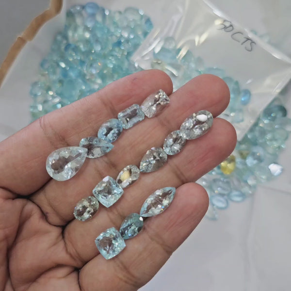 50Cts Natural Aquamarine Brazilian Faceted | 8–20mm | 20-25pcs