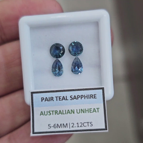 2.12cts Pair Natural Australian Teal Sapphire | 5-6mm| Round & Pear |Unheated