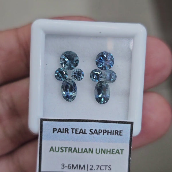 2.7cts Pair Natural Australian Teal Sapphire | 3-6mm| Oval & Round |Unheated