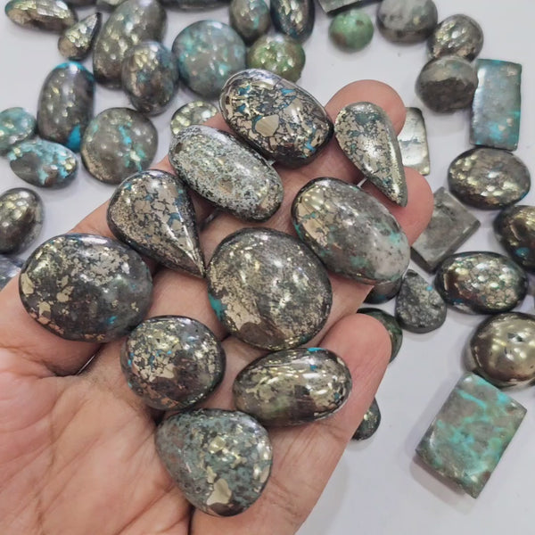 100 Gram sof Natural Pyrite Over Turqouise Cabochons |15-18 Pcs | 15-30mm