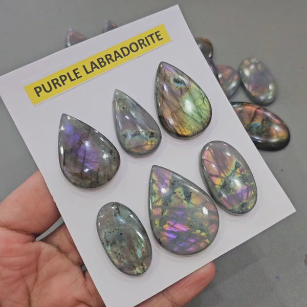 1 Card of Natural Purple Labradorite Cabochons | 30–45mm | Flashy Quality