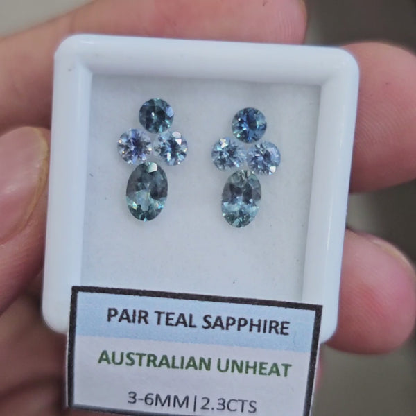 2.3cts Pair Natural Australian Teal Sapphire | 3-6mm| Oval & Round |Unheated