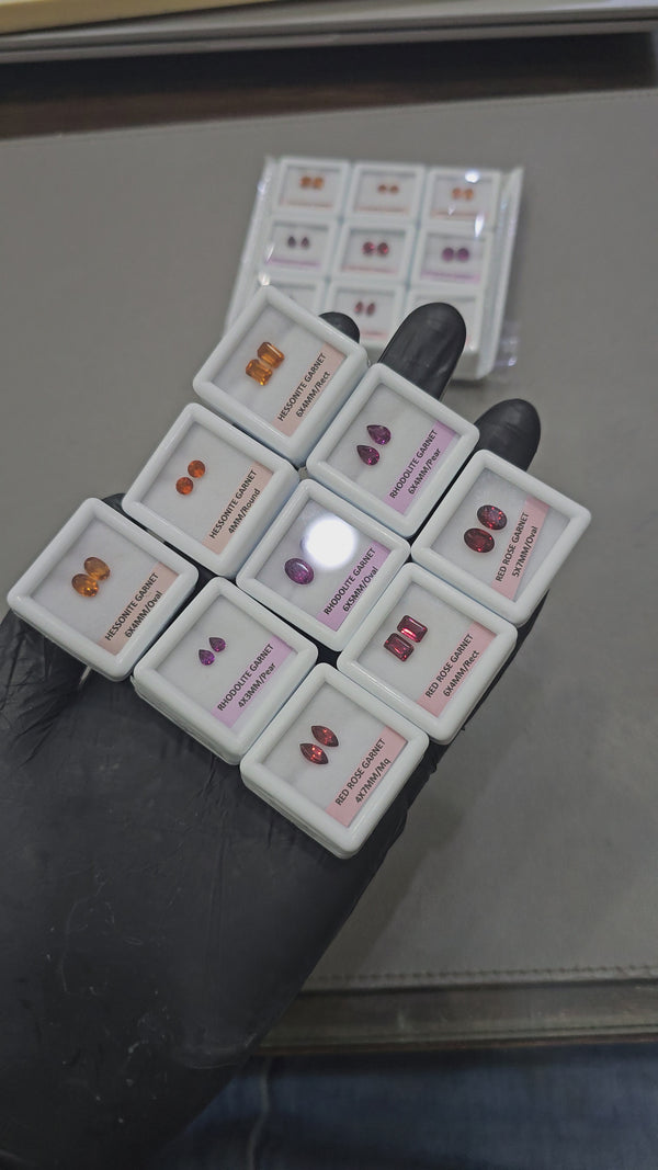 9 Pairs Natural Garnets Set | Red Rose, Hessonite & Rhodolite | 4–7mm | Faceted | With Boxes