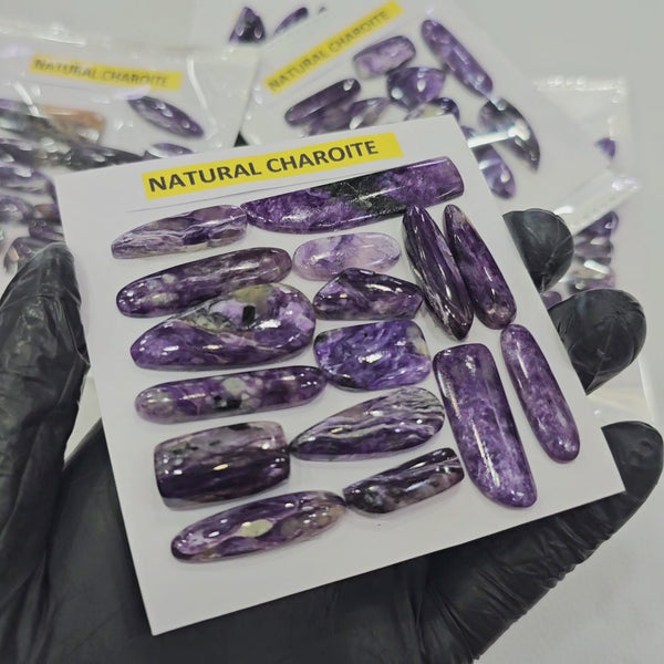 1 Card of Natural Charoite Cabochons | 18–40mm | Mixed Shapes | Rare Purple Gemstones