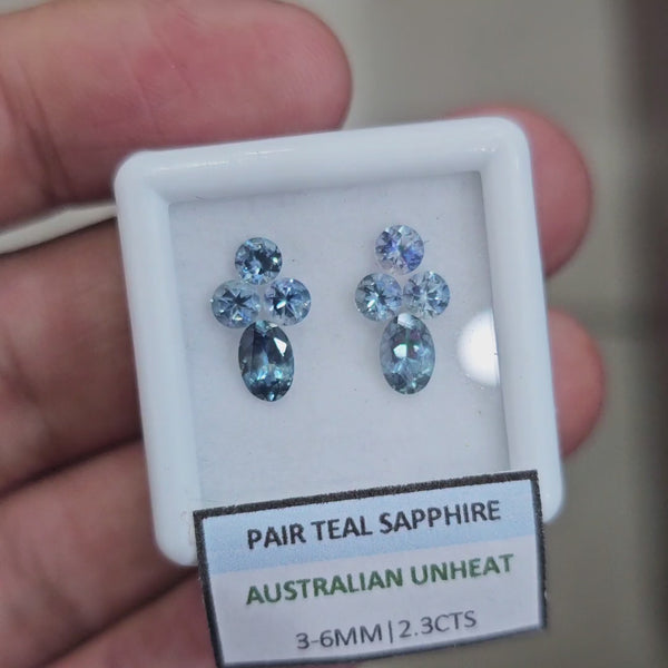 2.3cts Pair Natural Australian Teal Sapphire | 3-6mm| Oval & Round |Unheated