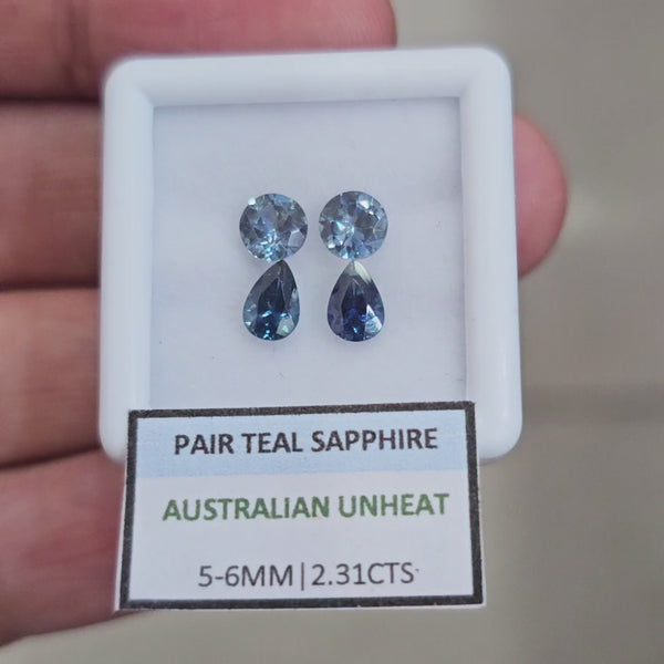 2.31cts Pair Natural Australian Teal Sapphire | 5-6mm| Round & Pear |Unheated