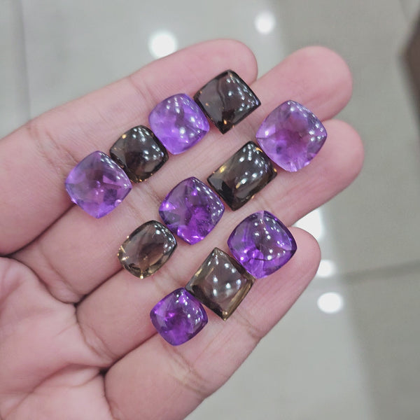 15 Pcs of Buff Top Cut Amethyst and Smoky Quartz | 10mm to 16mm