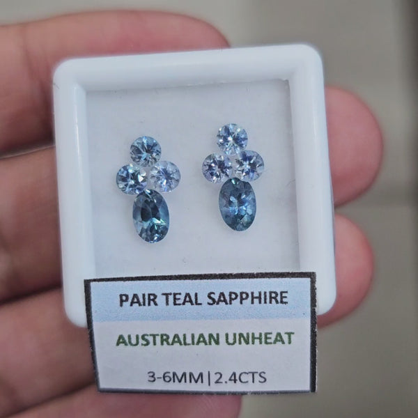 2.4cts Pair Natural Australian Teal Sapphire | 3-6mm| Oval & Round |Unheated