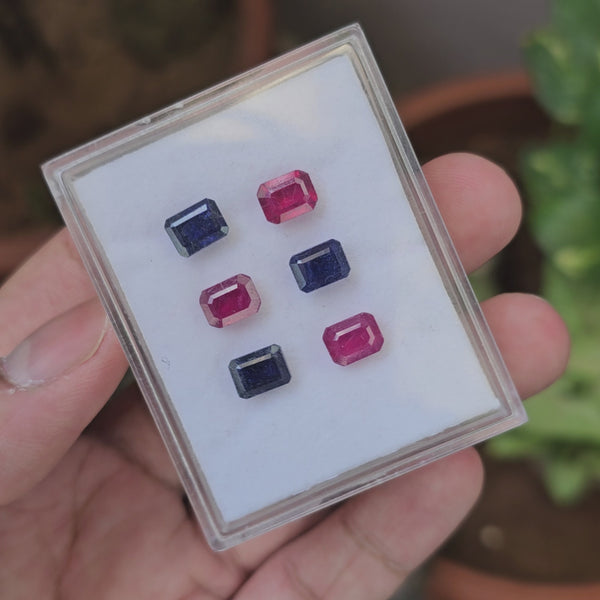 6 Pcs Of Natural Ruby & Sapphire Faceted Gemstone | Shape: Rectangle | Size:8x6mm