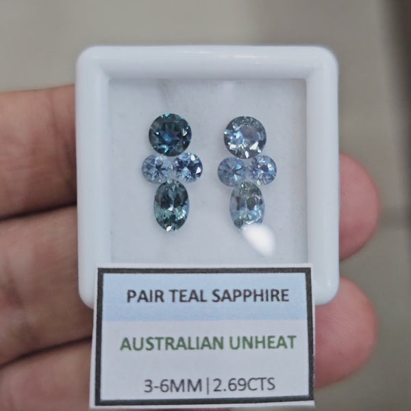 2.69cts Pair Natural Australian Teal Sapphire | 3-6mm| Oval & Round |Unheated