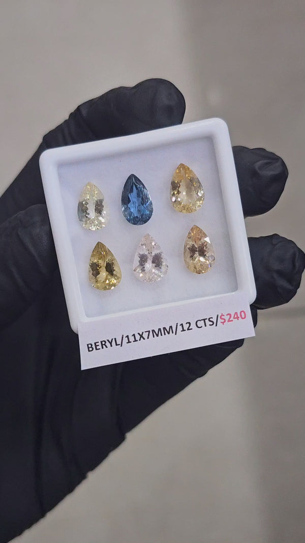 6 Pcs Of Natural Mix Beryls: Morganite, Heliodor & Aquamarines | Pear | 11x7mm