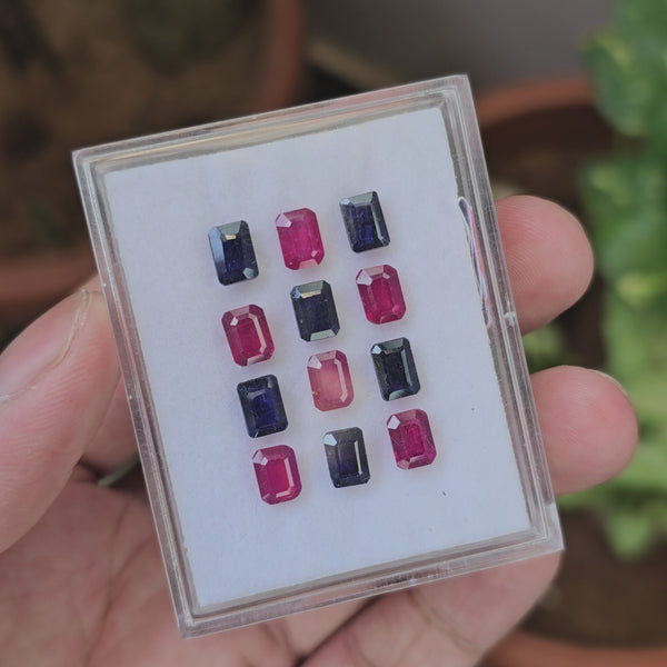 15 Pcs Of Natural Ruby & Sapphire Faceted Gemstone | Shape: Rectangle | Size:7x5mm