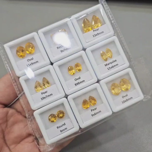 9 Pairs of Natural Citrine Faceted Stones | 8–13mm | Golden Yellow Sparkling Gems