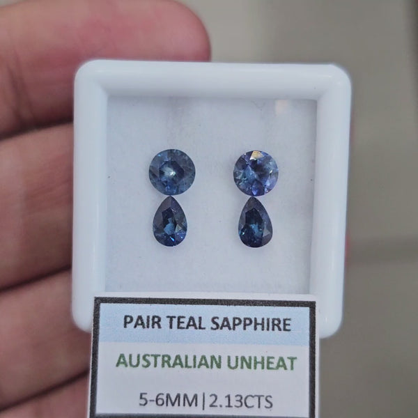 2.13cts Pair Natural Australian Teal Sapphire | 5-6mm| Round & Pear |Unheated
