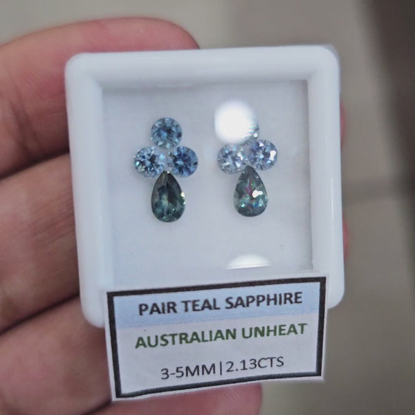 2.13cts Pair Natural Australian Teal Sapphire | 3-5mm| Pear & Round |Unheated