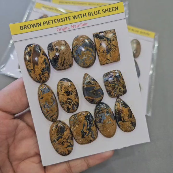 1 Card of Natural Brown Pietersite With Blue Sheen Cabochons | 17–30mm | Mixed Shapes