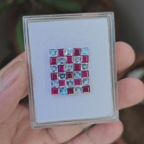 30 Pcs Of Natural Ruby & Blue Topaz Faceted Gemstone | Shape: Square | Size:4mm