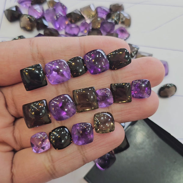 15 Pcs of Buff Top Cut Amethyst and Smoky Quartz | 10mm to 16mm