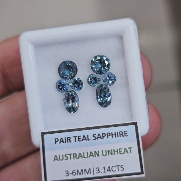 3.14cts Pair Natural Australian Teal Sapphire | 3-6mm| Oval & Round |Unheated