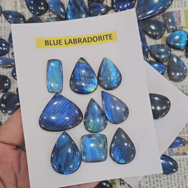 1 Card of Natural Blue Labradorite Cabochons | 22–40mm | Flashy Quality