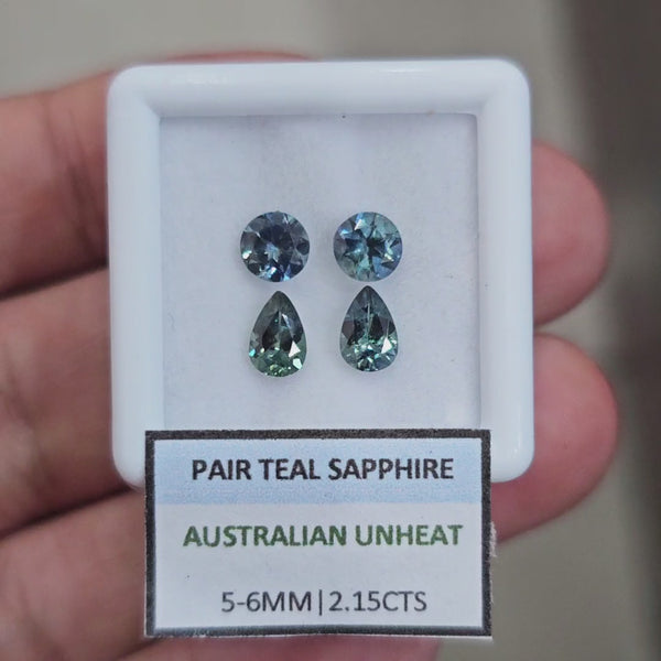 2.15cts Pair Natural Australian Teal Sapphire | 5-6mm| Round & Pear |Unheated