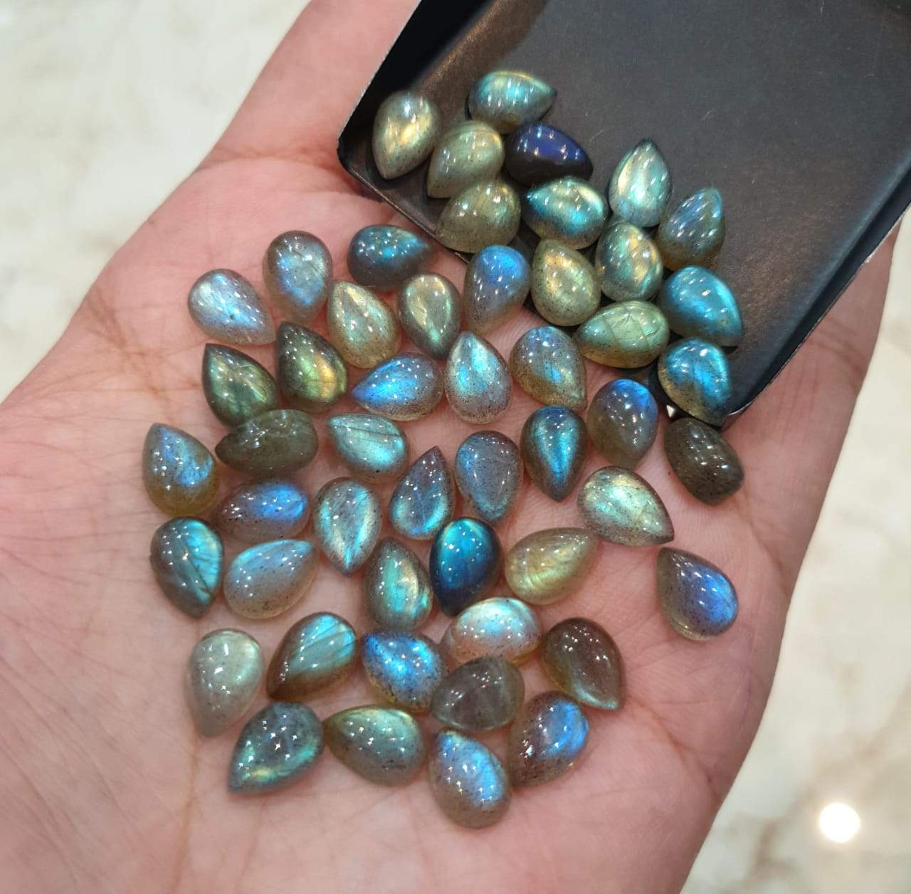 20 Pcs Labradorite Teardrop Cabochons | 9x6mm Calibrated Top Flash - The LabradoriteKing