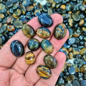 20 Pcs Tiger Eye Bi Colours Cabochon - Blue and Yellows - The LabradoriteKing