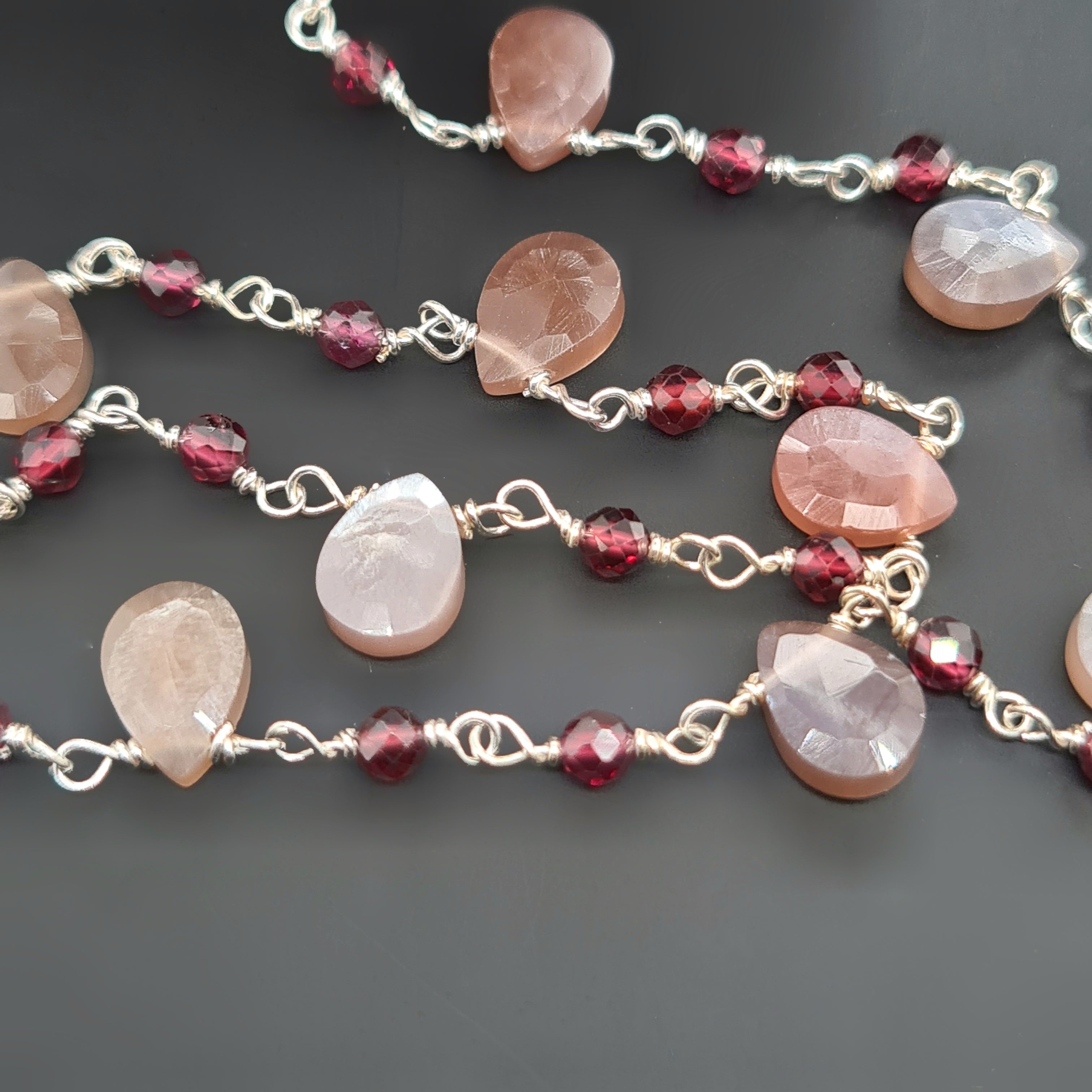 Peach Moonstone Garnet Chain on 925 Sterling Silver | 3-7mm | by Length - The LabradoriteKing