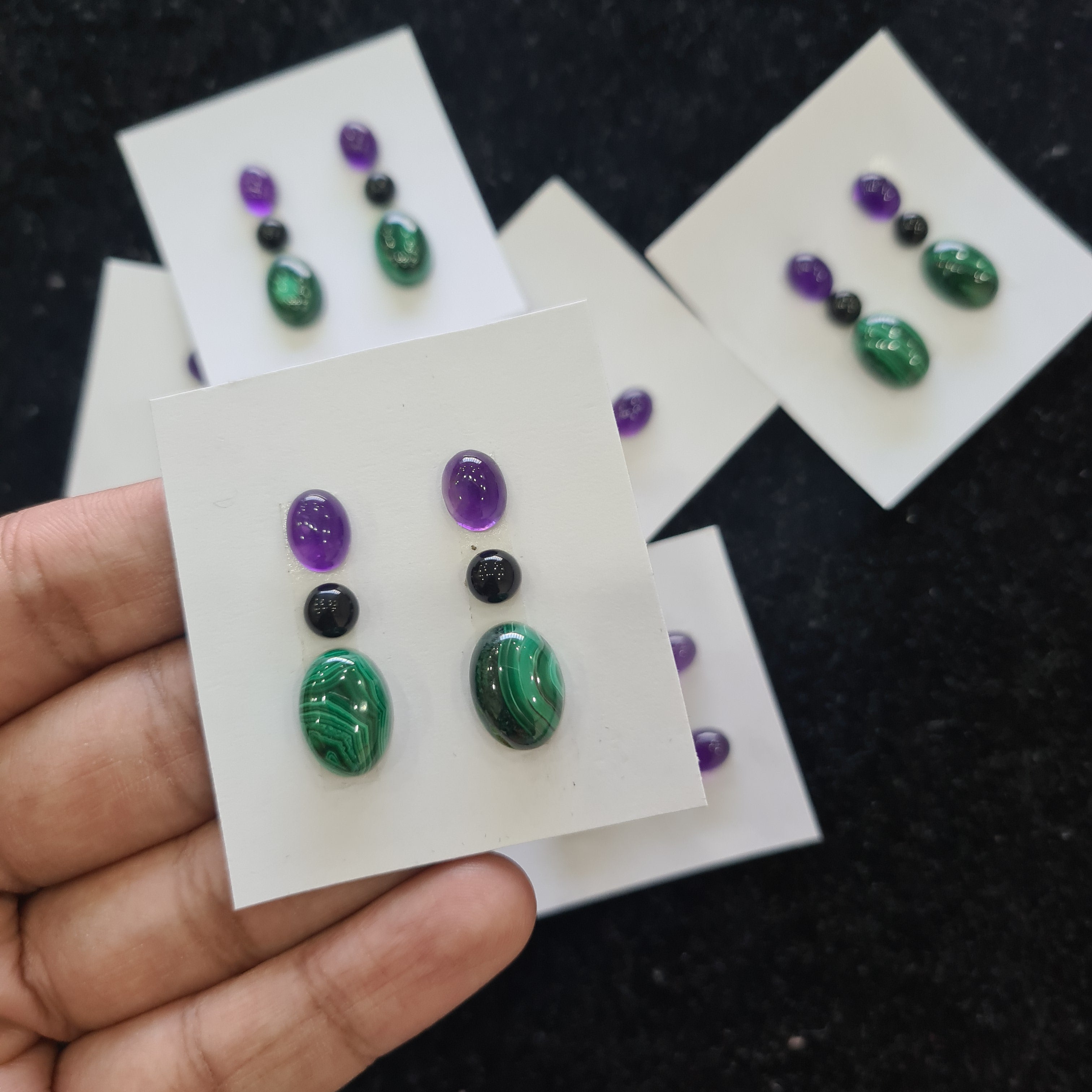 BOGO: Set of  Natural Malachite, Amethyst and Tourmaline Pair 6-14mm - The LabradoriteKing