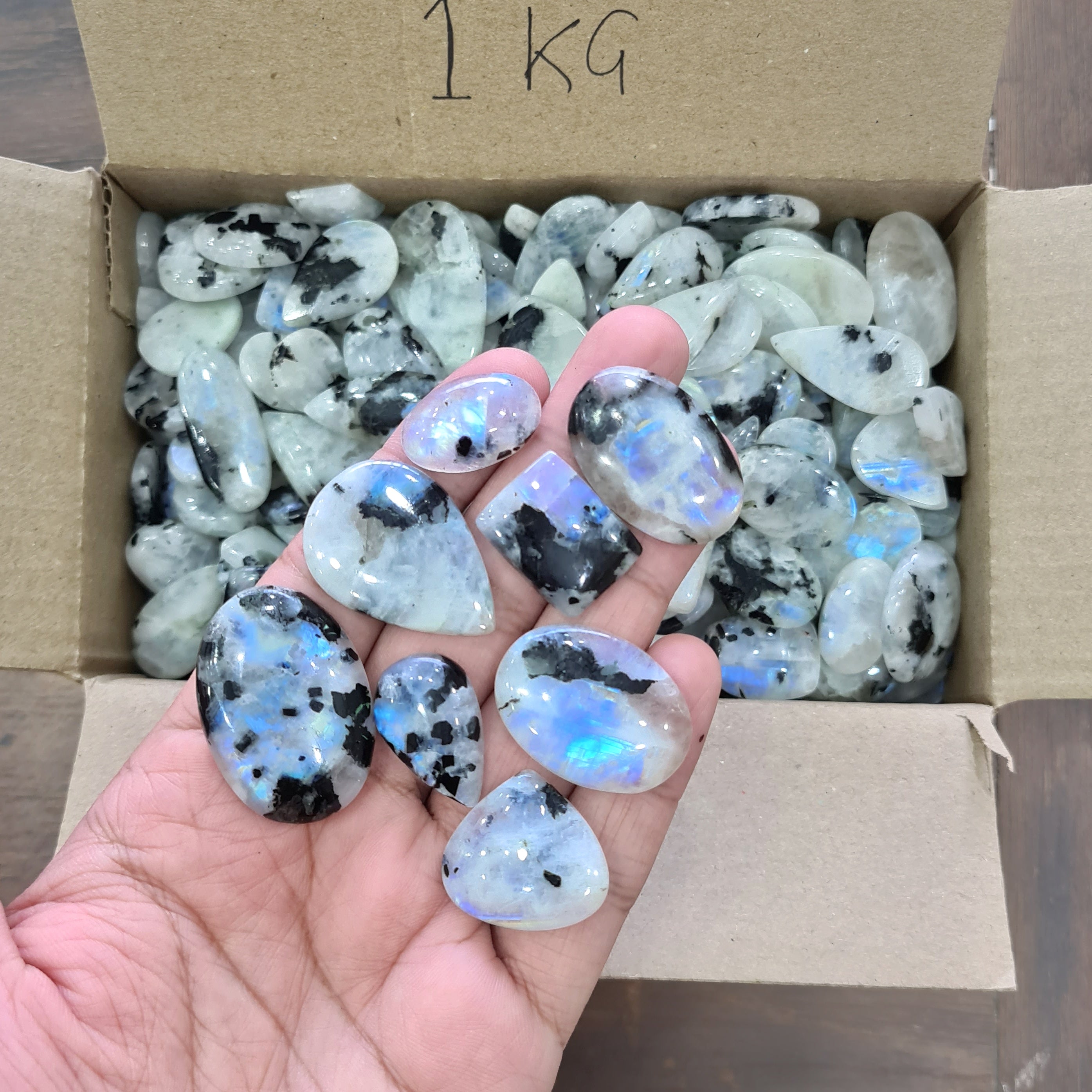 1 KG Natural Rainbow Moonstone Cabochon Slabs | Blue Flash - The LabradoriteKing