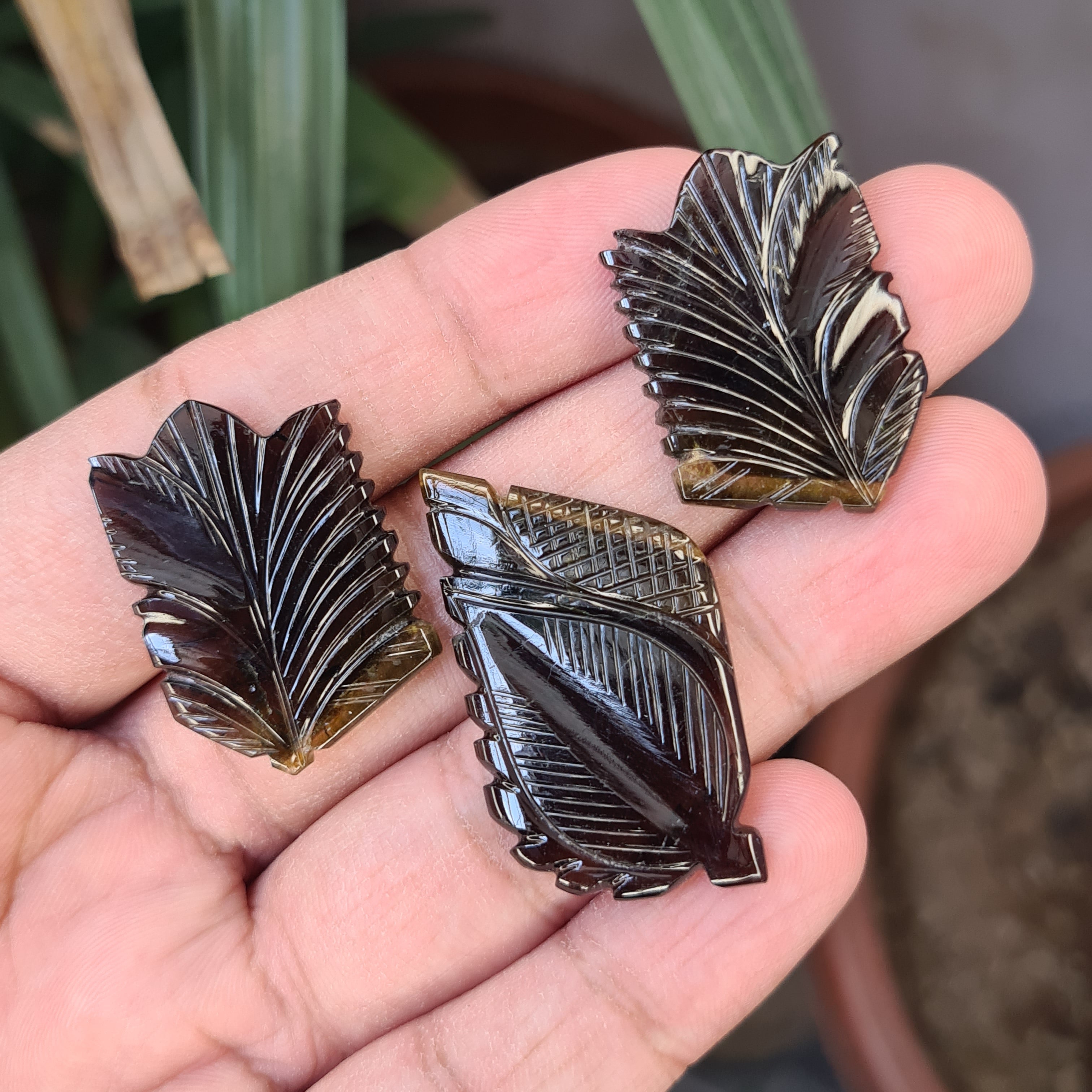 3 Pieces Natural Tourmaline Leaf Carved Gemstone Size: 32-44 | 84 Cts - The LabradoriteKing