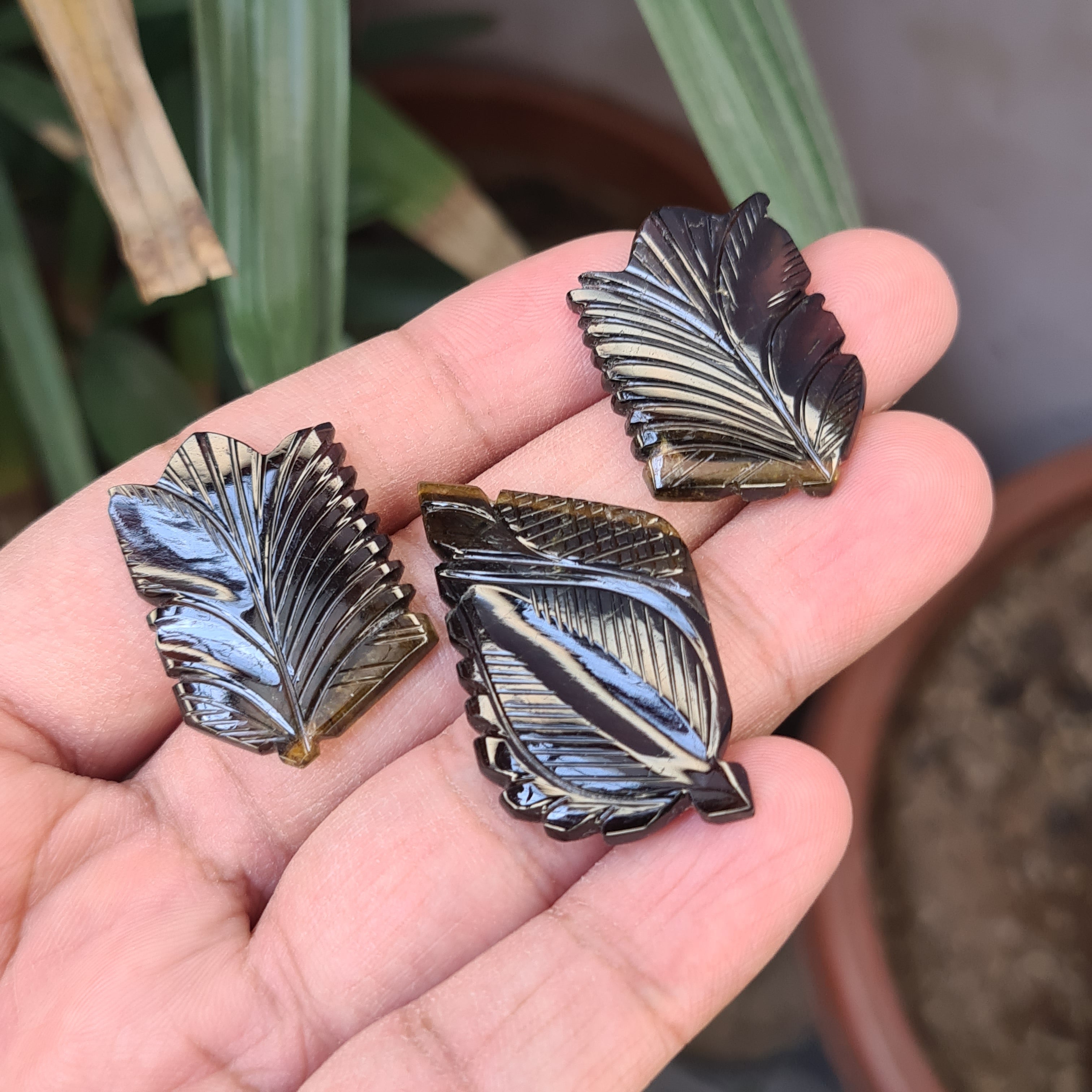 3 Pieces Natural Tourmaline Leaf Carved Gemstone Size: 32-44 | 84 Cts - The LabradoriteKing