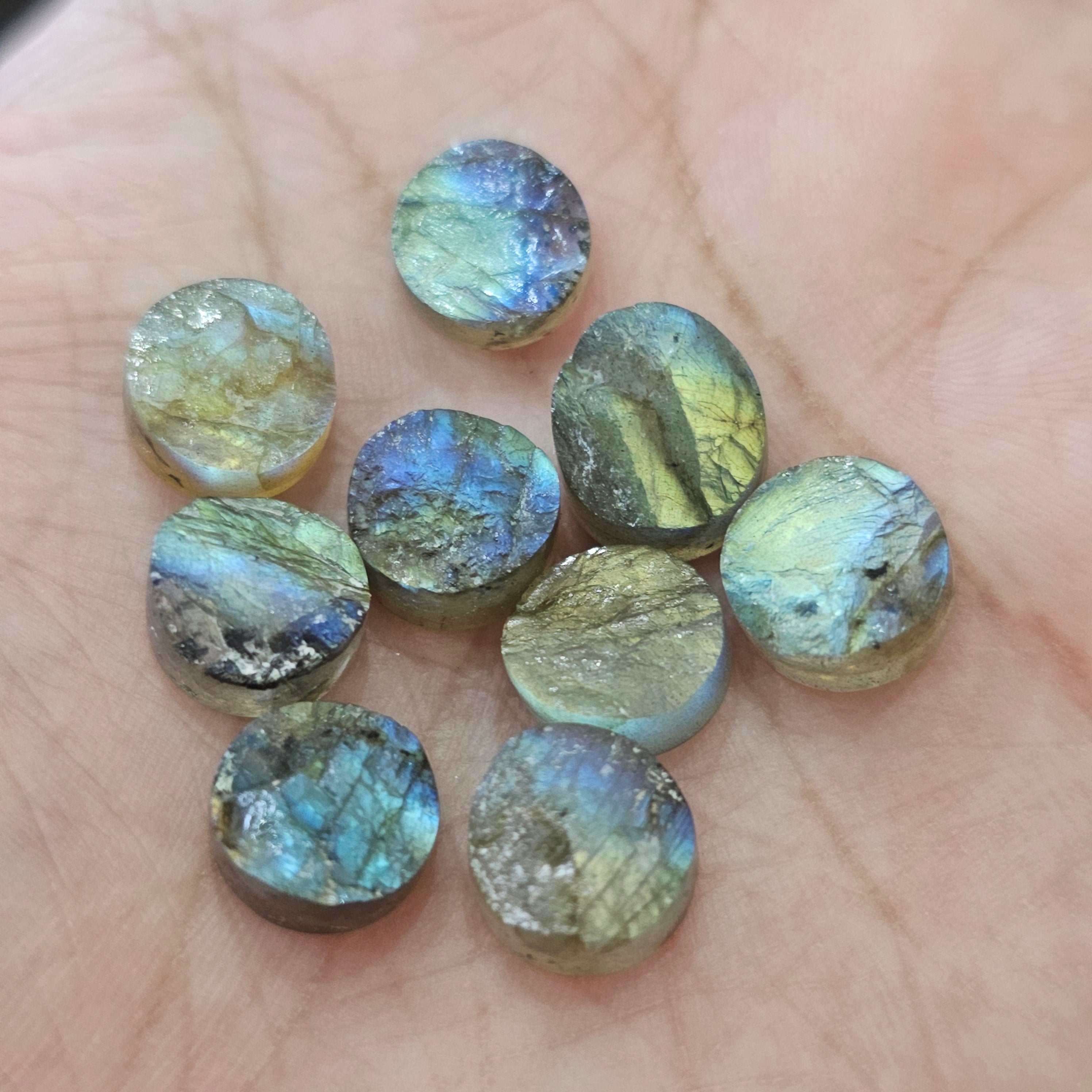 25 Pcs of Labradorites Raw Faced polished backs 8mm and 10mm - The LabradoriteKing