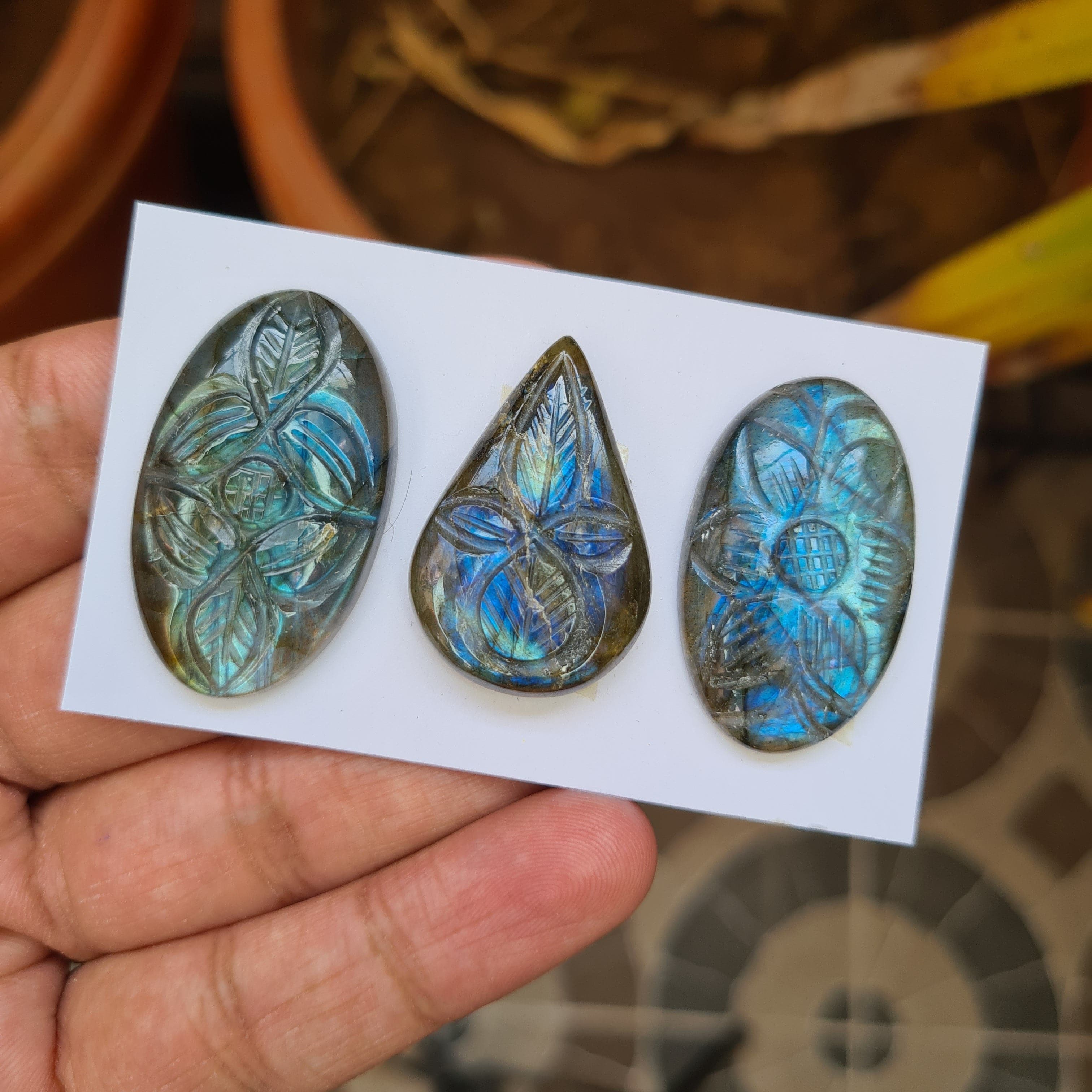 3 Pcs Natural Labradorite Carved High Quality Gemstones 32-36mm - The LabradoriteKing