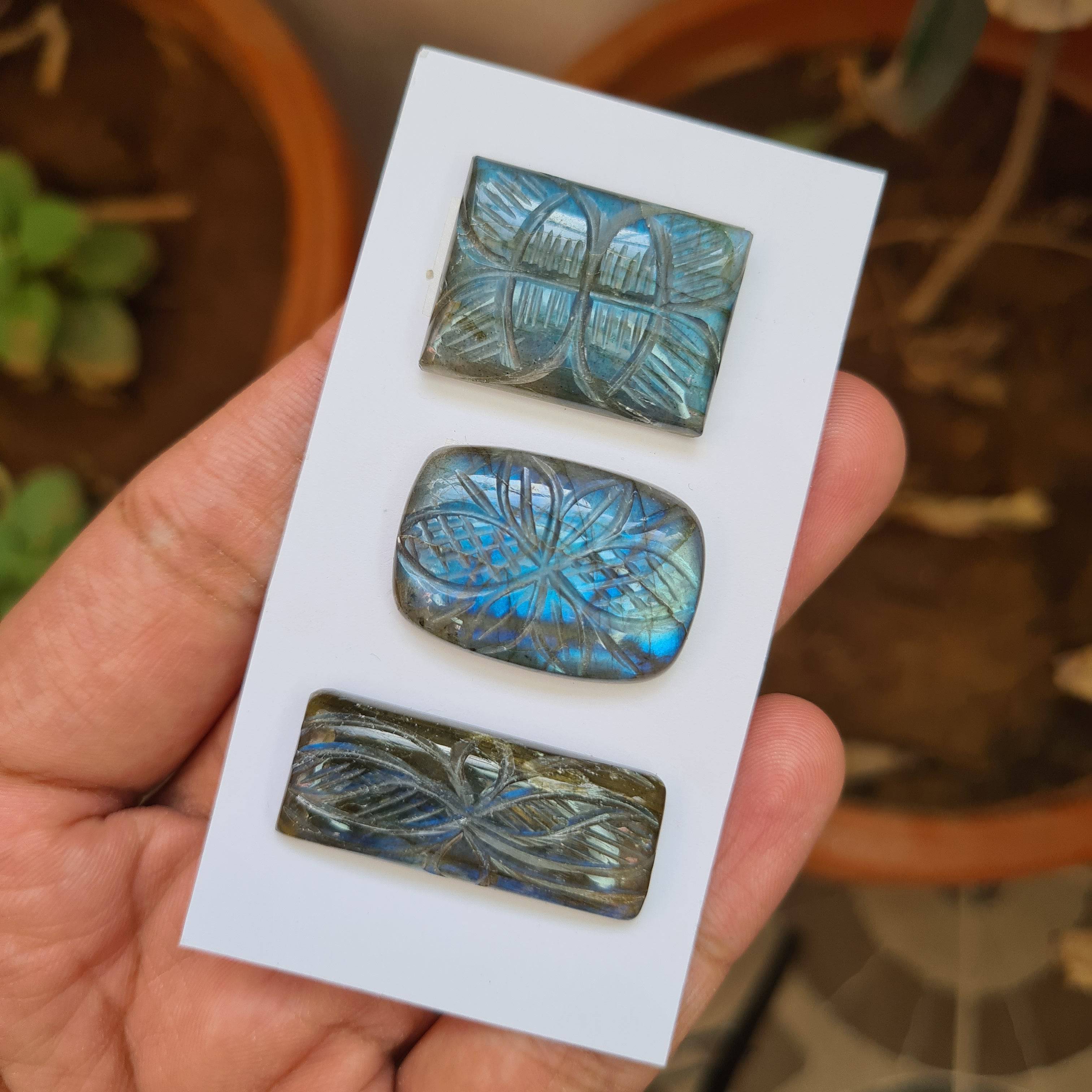 3Pcs Natural Labradorite Carved High Quality Gemstones 26-34mm Shape Rectangle, - The LabradoriteKing