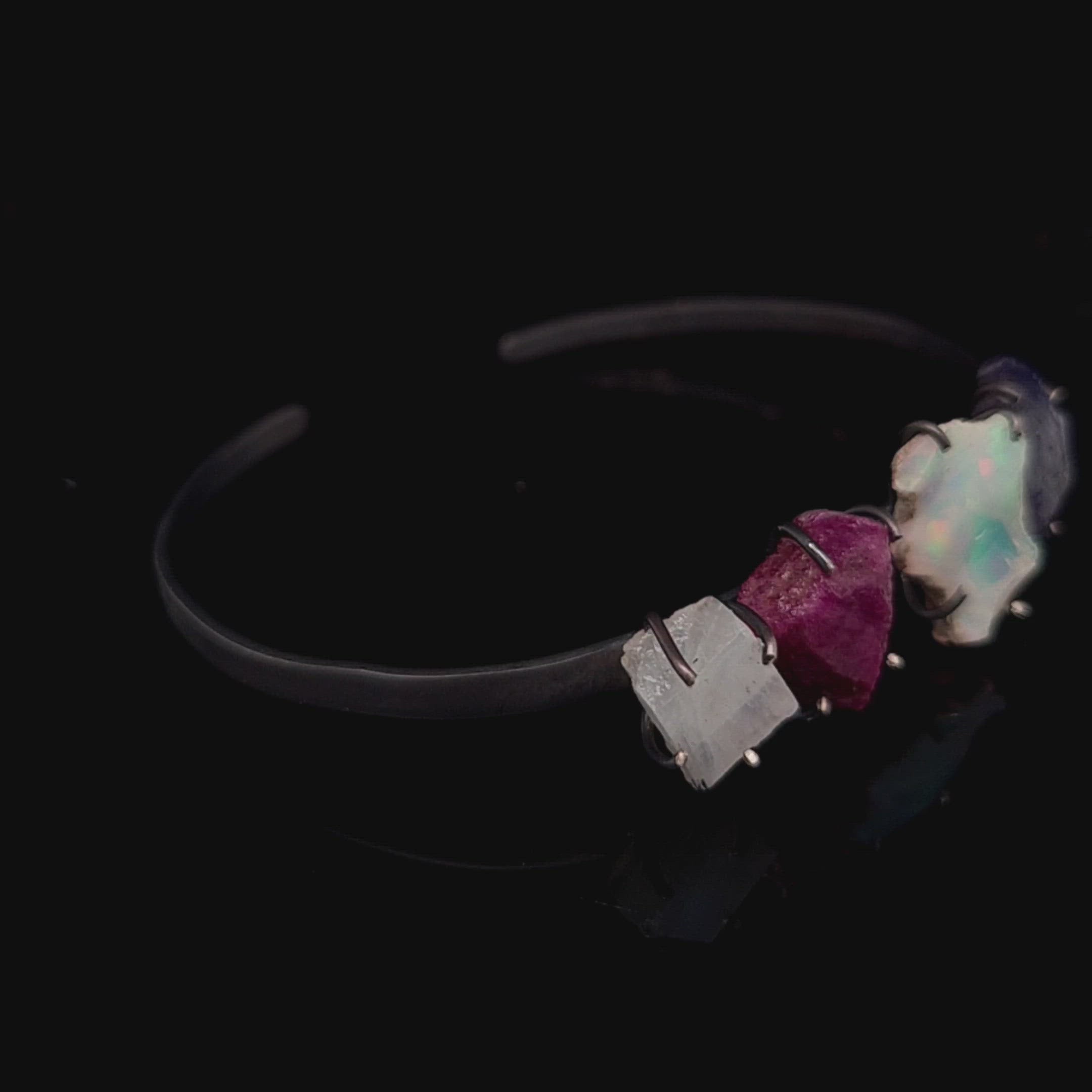 Sterling Silver bracelet Cuff - Raw Opal, Moonstone , Ruby and Tanzanite