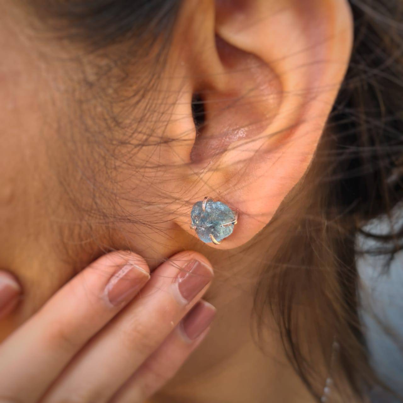 Aquamarine Raw Studs set on Precious 925 Sterling Silver - The LabradoriteKing