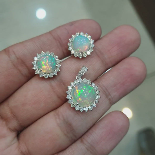 Opal Set  | 14KT Solid Gold  | Natural Diamonds Earrings and Pendant