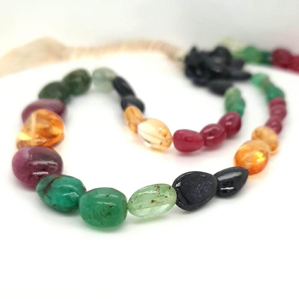 Multi Precious stones: Sapphire, Ruby and Emeralds Tumbel Beads | 10-16mm 18 Inches - The LabradoriteKing