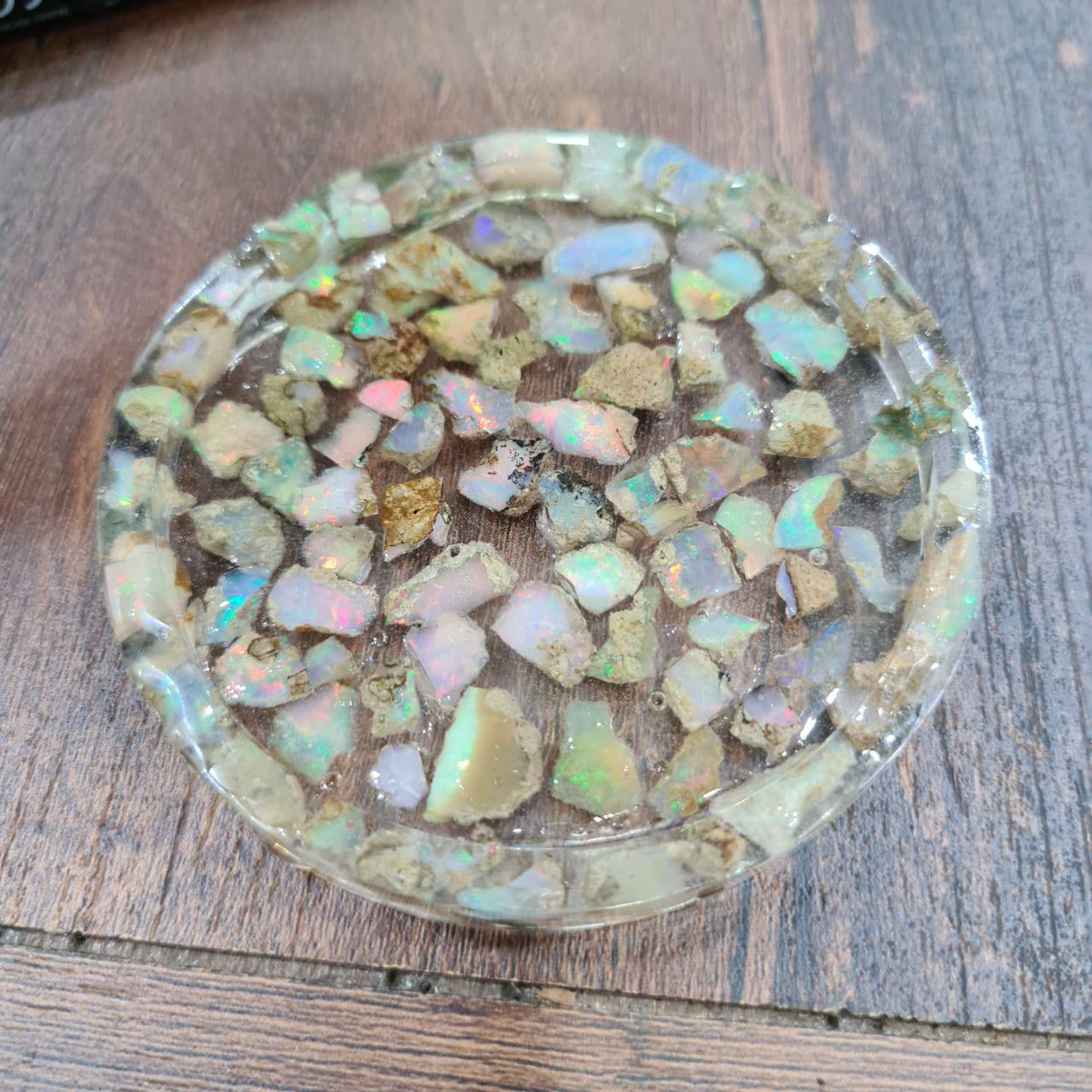 Natural Opal Round Tray | Resin Polished Coaster with Natural Opals Roughs |2.5 Inches - The LabradoriteKing